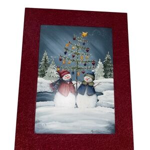 Country Cottage Painting Snowman Christmas Tree Winter Scene Framed Amish